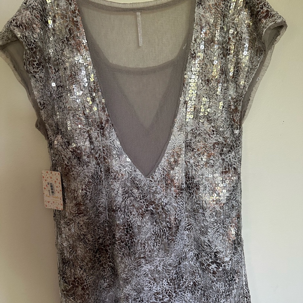 Free People Silver Sequin V-Neck Blouse